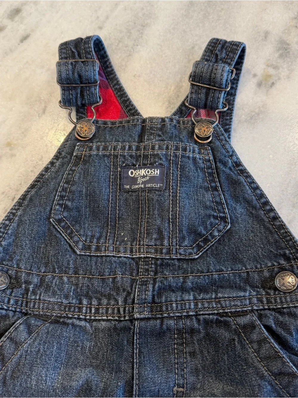 OshKosh B'gosh Dark Blue Denim Plaid Flannel Lined Baby Boy Overalls 12 Months
